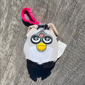 Furby zebra mohawk Gray Plush Keychain with Pink Clip.